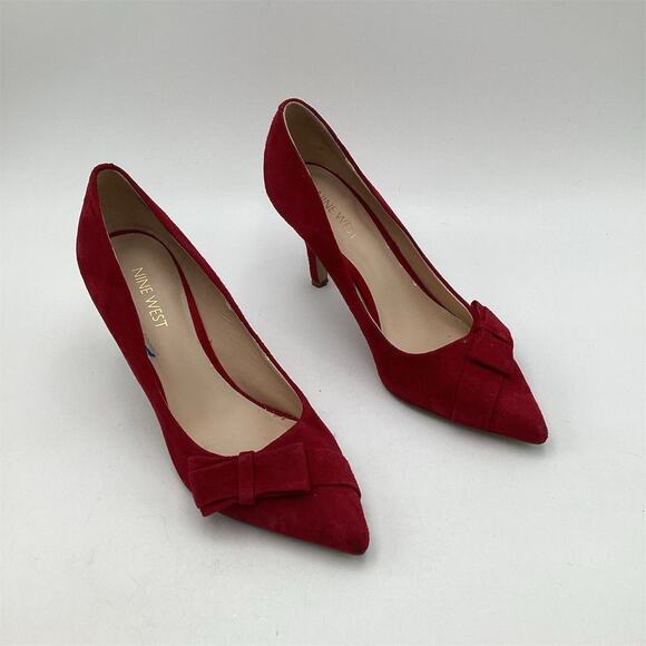Nine West Women's Red Suede Bow Pumps Size 7M Party Heels - Picture 1 of 8